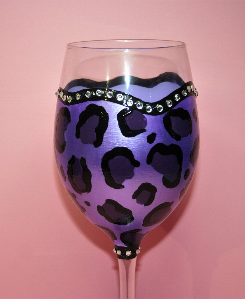Hand Painted Wine Glass - Black Leopard Print - Original Designs by Cathy  Kraemer