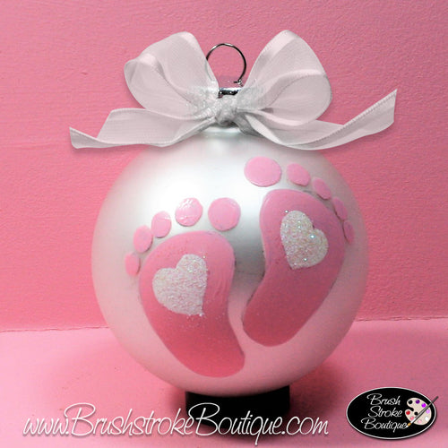 Baby Girl Footprints Ornament - Hand Painted Glass Ball Ornament - Original Designs by Cathy Kraemer