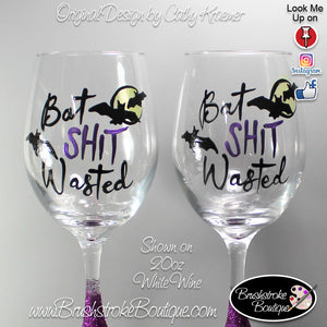 Hand Painted Wine Glass - Bat Wasted - Original Designs by Cathy Kraemer