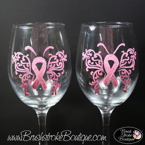 Hand Painted Wine Glass - Breast Cancer Butterfly - Original Designs by Cathy Kraemer