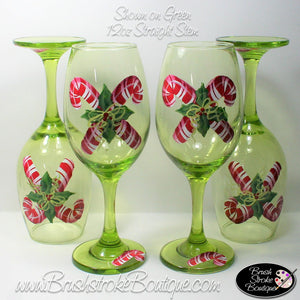 Hand Painted Wine Glass - Candy Canes Holly - Original Designs by Cathy Kraemer