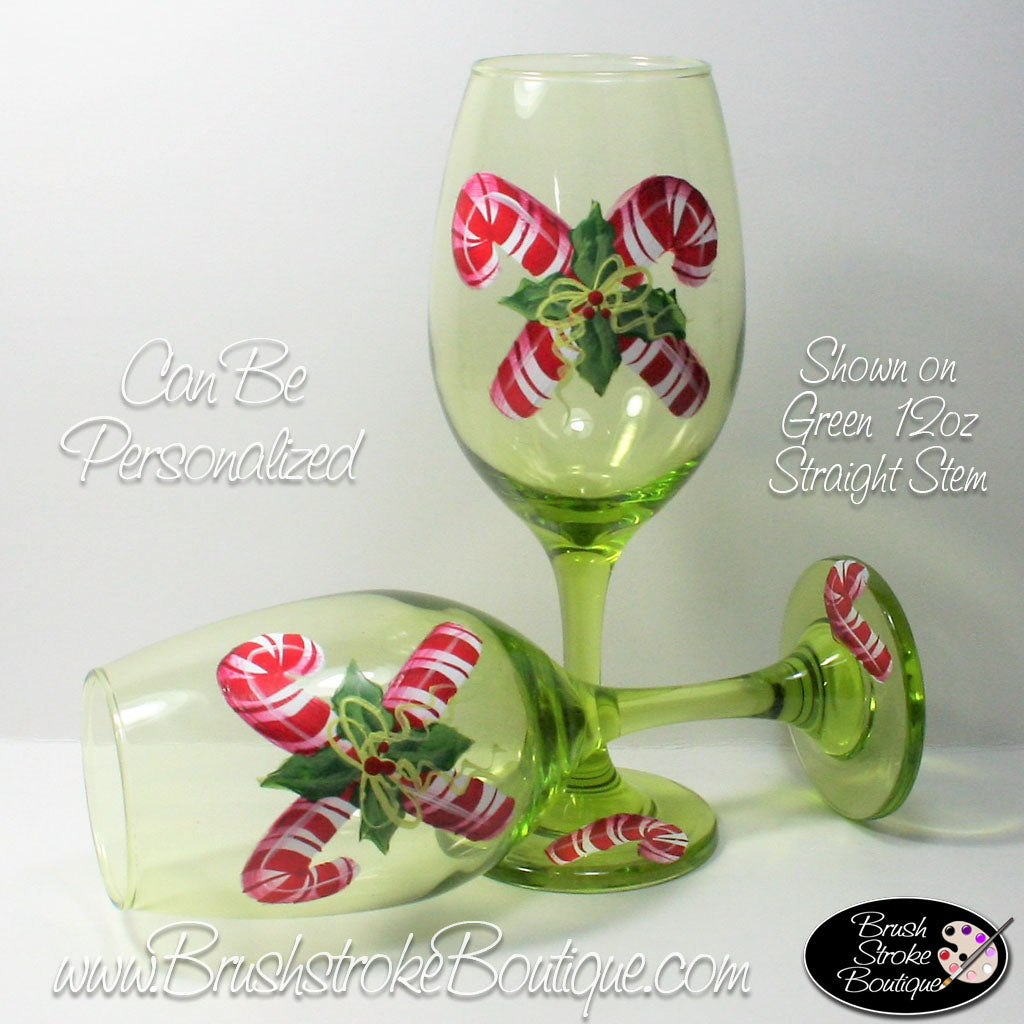 Hand Painted Wine Glass - Candy Canes Holly - Original Designs by Cathy Kraemer