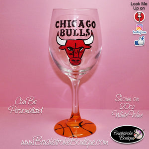 Hand Painted Wine Glass - Chicago Bulls Sports Team - Original Designs by Cathy Kraemer