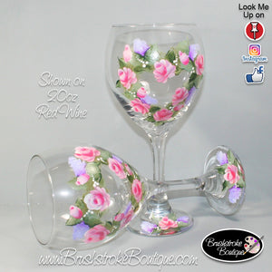 Hand Painted Wine Glass - Floral Rose Wreath - Original Designs by Cathy Kraemer