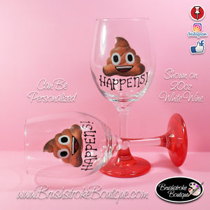 Hand Painted Wine Glass - Poop Emoji - Original Designs by Cathy Kraemer