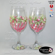 Hand Painted Wine Glass - Rosebuds and Stripes - Original Designs by Cathy Kraemer