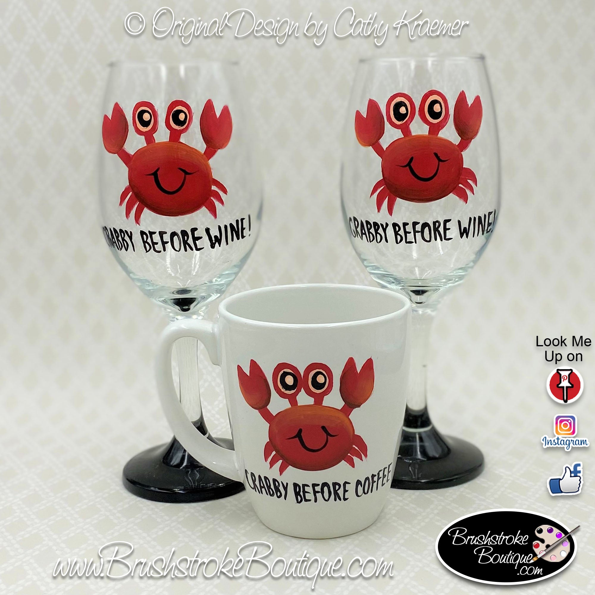 Crabby before Vino - Crab Hand-painted Wine Glasses
