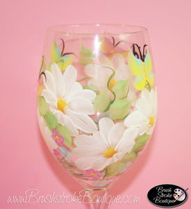 Hand Painted Wine Glass - Butterflies and Daisies - Original Designs by Cathy Kraemer