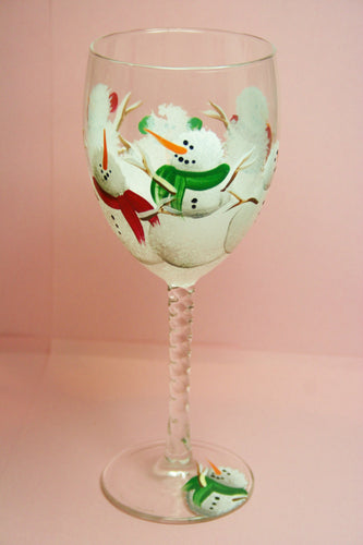 Hand Painted Wine Glass - Winter Snowmen - Original Designs by Cathy Kraemer