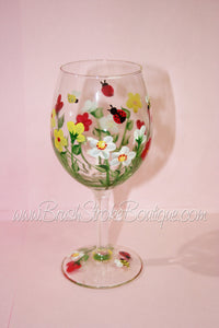 Hand Painted Wine Glass - Summer Bug Garden - Original Designs by Cathy Kraemer