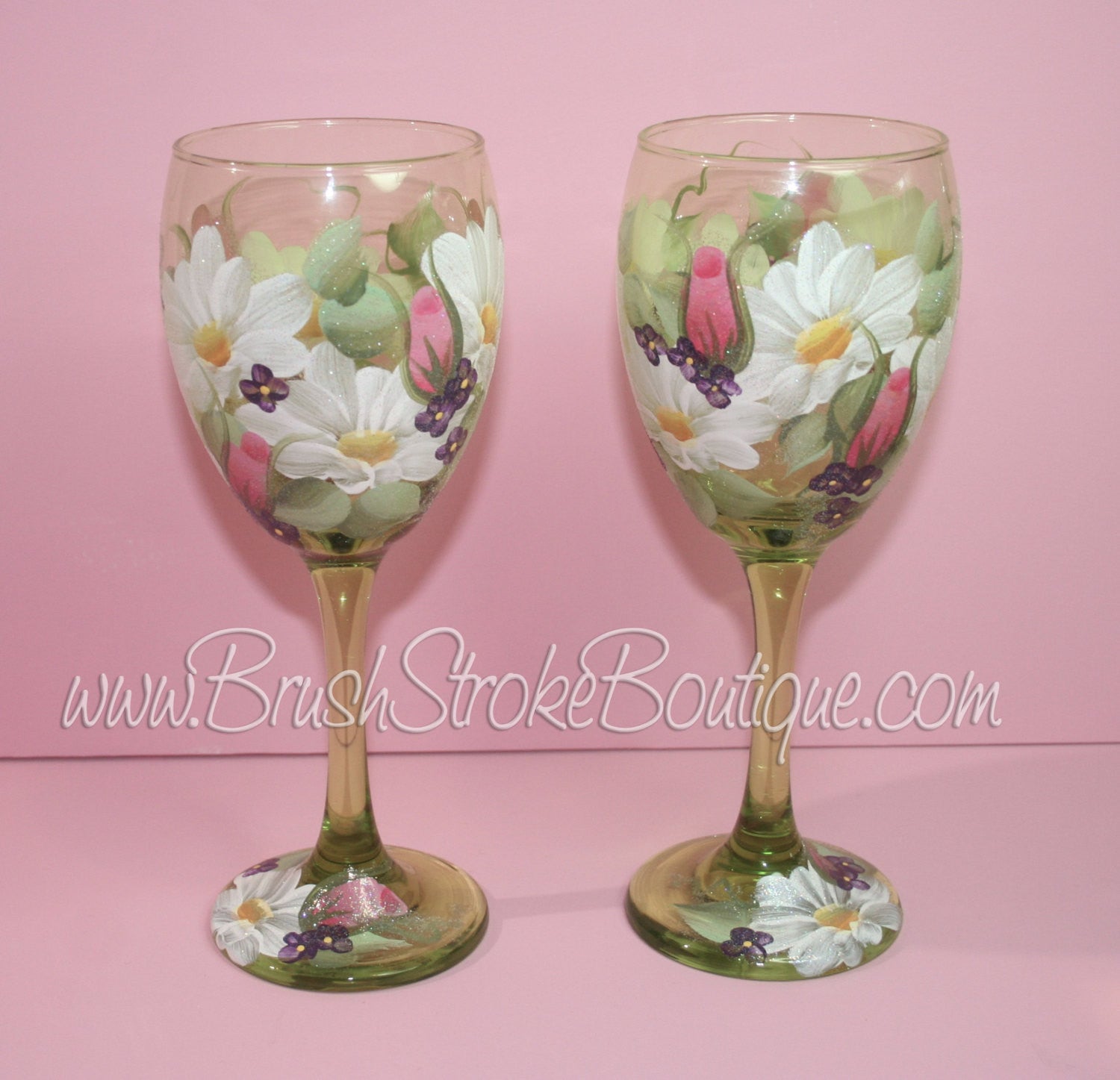 Daisy Painted Wine Glass, Floral Glassware