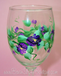 Hand Painted Wine Glass - Violets - Original Designs by Cathy Kraemer