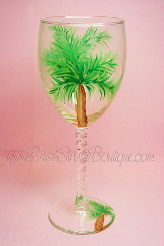 Hand Painted Wine Glass - Palm Tree - Original Designs by Cathy Kraemer