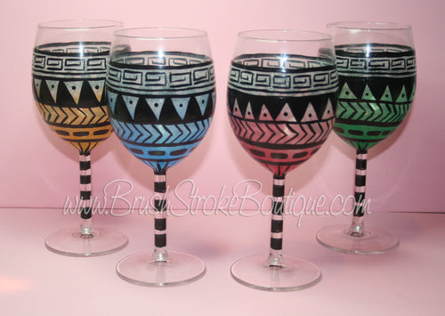 Hand Painted Wine Glass - Aztec Tribal Pastel - Original Designs by Cathy Kraemer