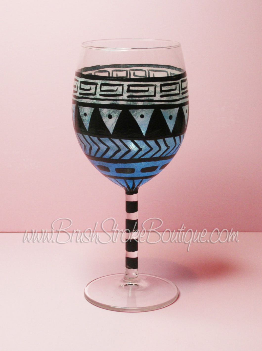 Hand Painted Wine Glass - Aztec Tribal Pastel Blue - Original Designs by Cathy Kraemer