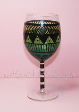Hand Painted Wine Glass - Aztec Tribal Green 1 - Original Designs by Cathy Kraemer