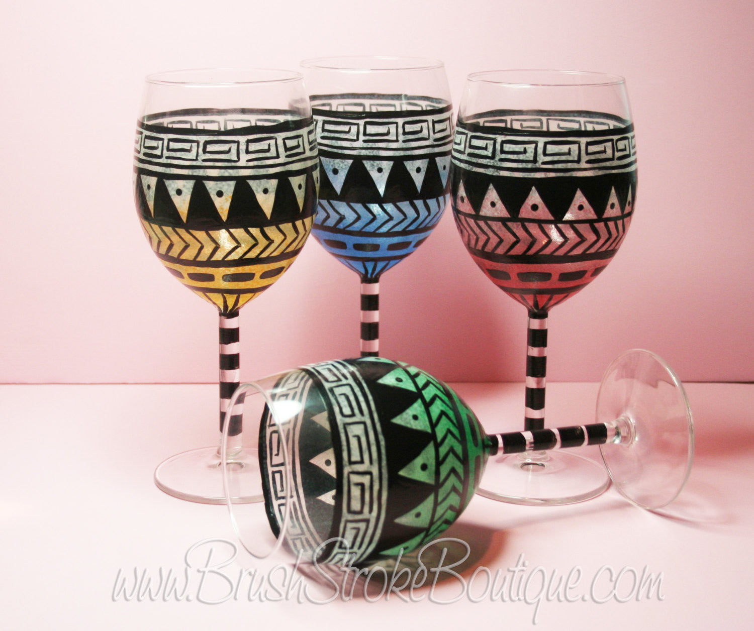 Hand Painted Wine Glass - Aztec Tribal Pastel - Original Designs by