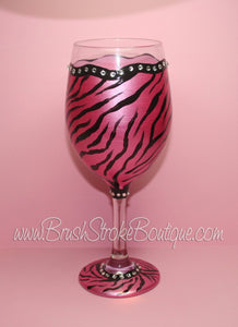 Hand Painted Wine Glass - Zebra Bling Pink - Original Designs by Cathy Kraemer