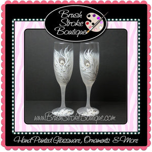 Hand Painted Champagne Flutes - White Peacock Feathers - Original Designs by Cathy Kraemer