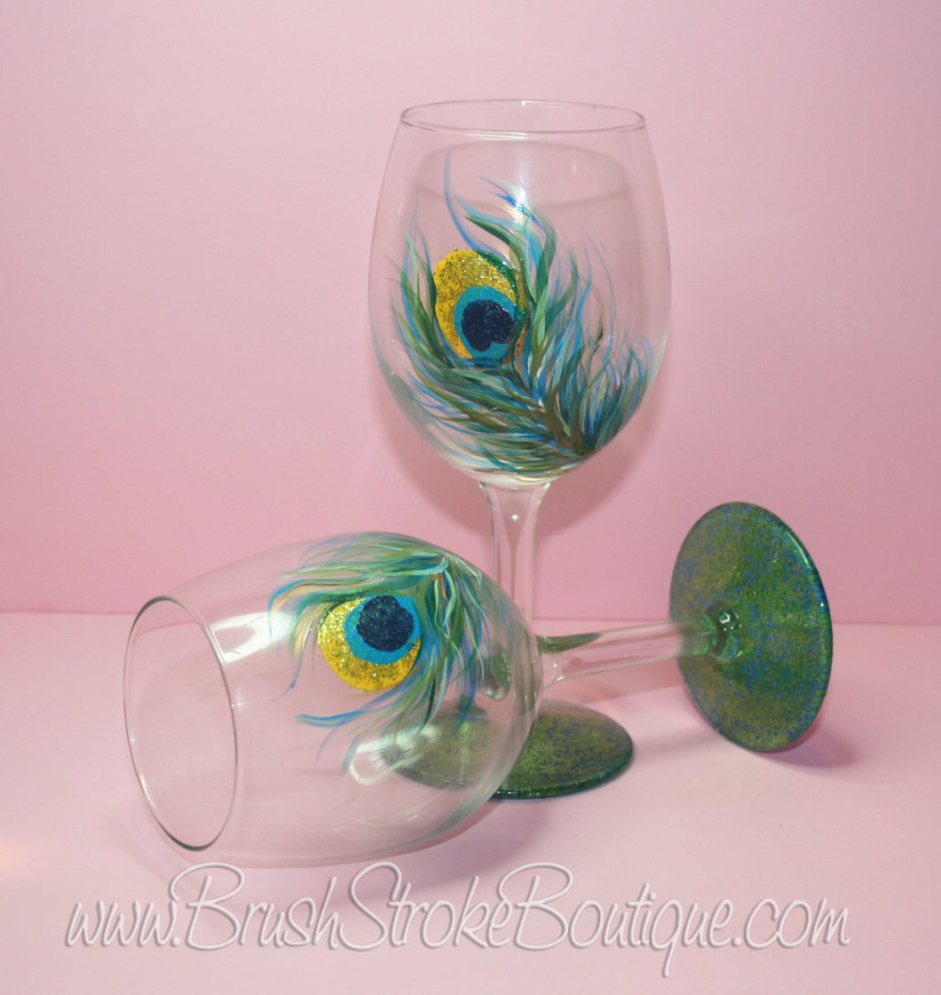 Set of 2 Hand Painted Wine Glasses Peacock Feather Lace in -   Hand  painted wine glasses, Painted wine glasses, Hand painted wine glass