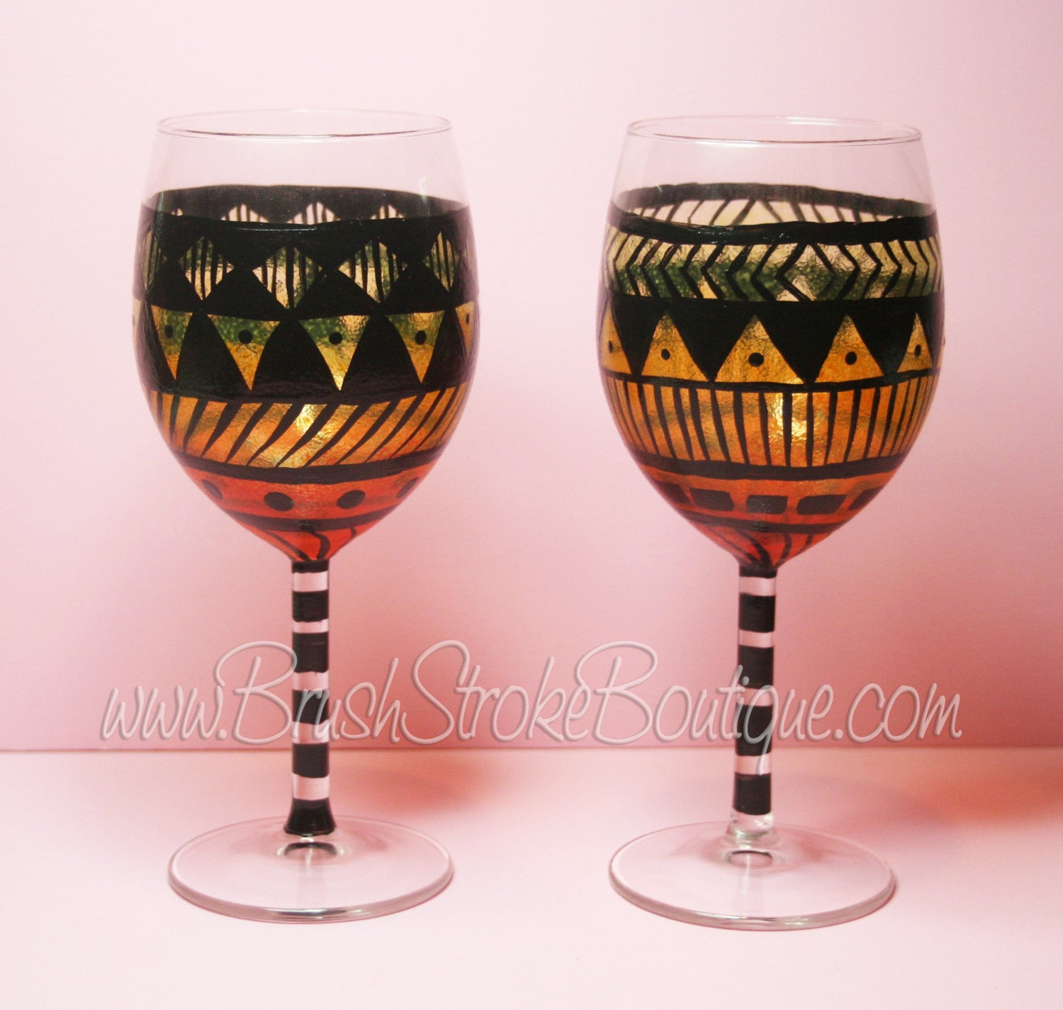 Hand Painted Wine Glass - Aztec Tribal Orange - Original Designs